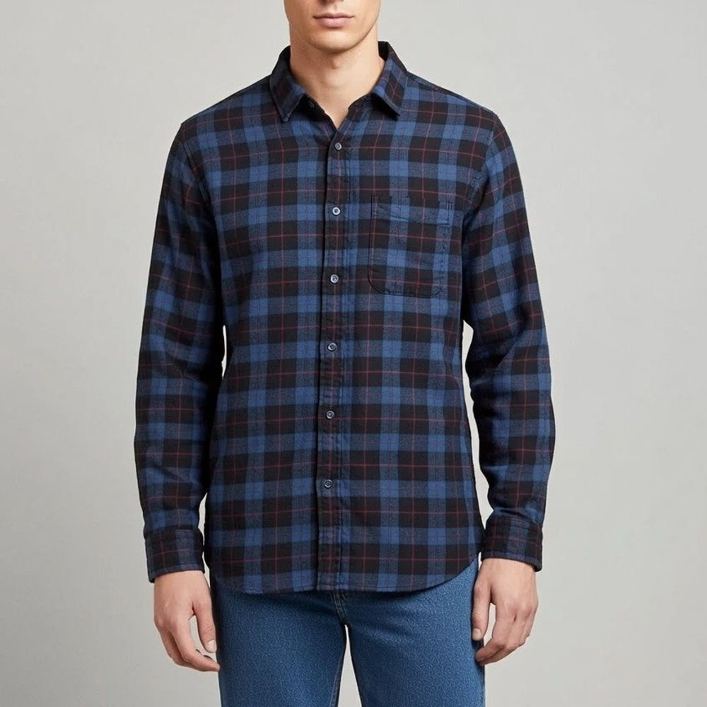 Amazon Essentials Blue Red Black Plaid Flannel Button Down Shirt Size M